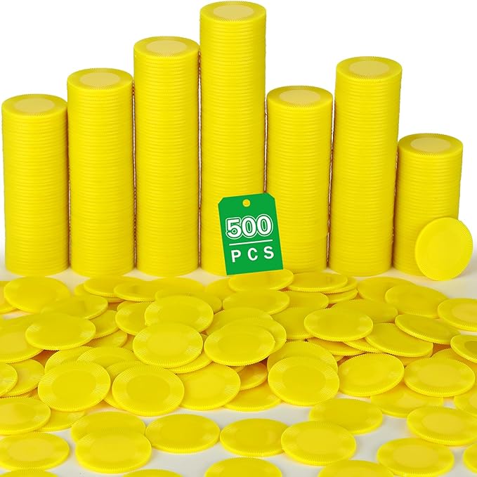 Leitee 500 Pcs Yellow Plastic Poker Chips Bulk 1.5 Inch Mini Bingo Chips Tokens Markers Blank Casino Counting Discs Learning Math Counters for Adults Interlocking Game Counting Reward Card