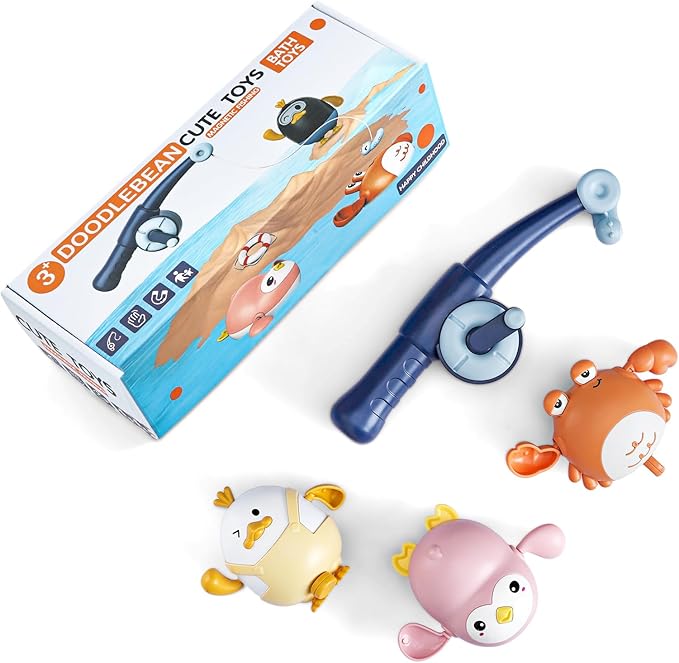 5PCS Baby Bath Toys Cute Pull String Bathtub Toy with Pull & Go Swimming Toys Magnetic Fishing Games Kids Wind-up Floating Water Bathtub Toy