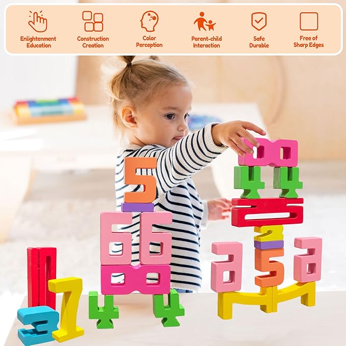20Pcs Wooden Number Building Blocks,Montessori Number Blocks Math Learning Digital Building Blocks Digital Educational Counting Learning Toys for Parent-Child Interaction Skills Stocking Stuffers