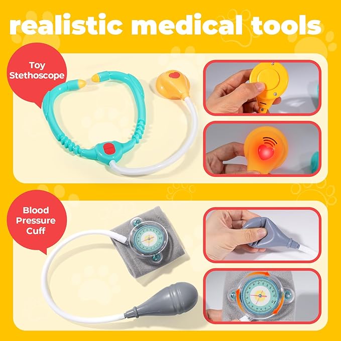 Doctor Kit for Toddlers 3-5 - Preschool Pretend Play Medical Kit with Dog Toy, Stethoscope, Blood Pressure Cuff and Carrying Bag- Dress Up Toys for Kids Ages 3+ Years