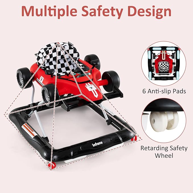 INFANS 4 in 1 Baby Walker, Foldable Toddler Activity Center with Adjustable Height, Padded Seat, Music, Light, Removable Tray, Push Walker for Girls Boys Aged 6-18 Months (Red)