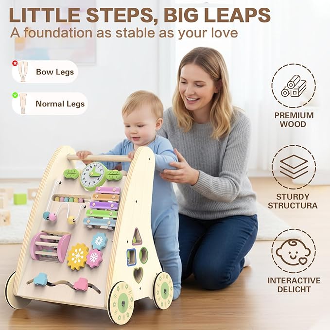 Wooden Baby Walker,Adjustable Speed Push Walker with Wheels and Learning Activity Center,Montessori Walker for Babies 12 Months,Baby Walker Push Toys for Baby Boys and Girls Gifts (Natural)