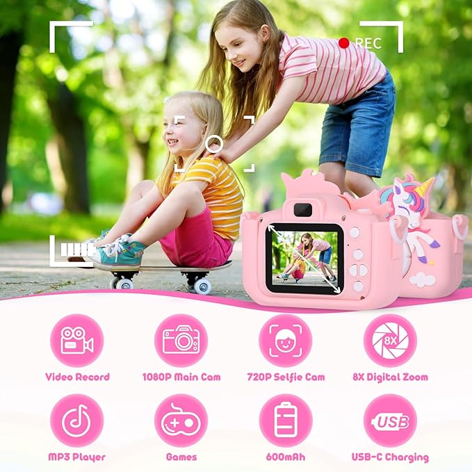 Kids Camera Unicorn Girl Toys, Digital Camera for Kids Age 3-8 Toddler Travel Toys, Birthday Gift for Girls 3 4 5 6 7 8 Year Old Christmas, HD 1080P Video Camera, 32G SD Card Included (Pink)