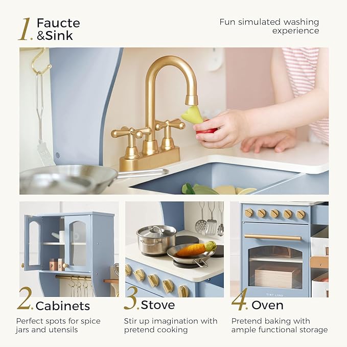 Tiny Land Play Kitchen for Kids with Enhanced Storage – Modern Toddler Kitchen Playset with Stove, Sink & Accessories, Organized Wooden Toy Kitchen, Ideal for Toddlers