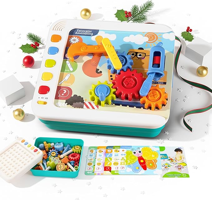 STEM Learning Toys for Kids Age 3-6, Interactive Montessori Busy Board with Flash Cards, Gears, Animals, and Building Blocks, Alphabet Educational Learning Tablet for Toddlers Ages 2 3 4 5 6