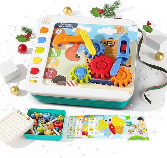 STEM Learning Toys for Kids Age 3-6, Interactive Montessori Busy Board with Flash Cards, Gears, Animals, and Building Blocks, Alphabet Educational Learning Tablet for Toddlers Ages 2 3 4 5 6