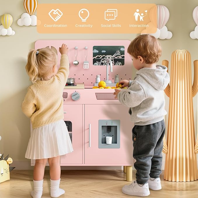 MAMIZO Play Kitchen for Kids, Pretend Playset with Blackboard & Realistic Lights & Sounds, Ultimate Interactive Wooden Kitchen with Knob Sounds, Sink, Water Dispenser, 6 Pcs Cookware for Ages 3+(Pink)