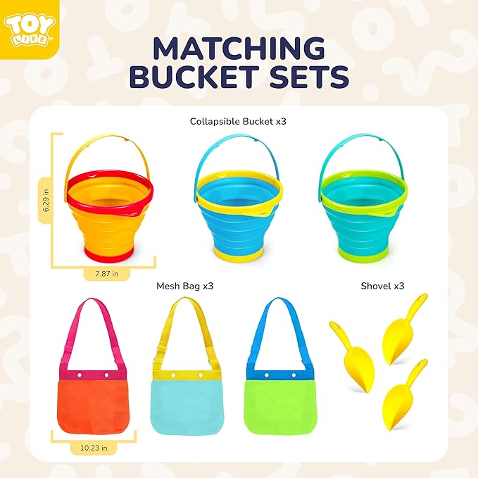 TOY Life Collapsible Beach Bucket Toys for Kids Beach Essentials with Portable 3 Seashell Bags & 3 Silicone Collapsible Sand Bucket & Shovels Travel Sand Toys Sandbox Toy for Fishing, Beach Party
