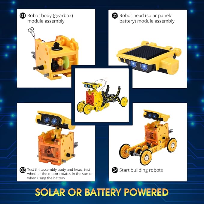 Solar Robot Kit for Kids Age 8-12, STEM Building Toys,12-in-1 Build Your Own Robot with Solar Panel & Battery Power, Science Engineering Christmas Birthday Idea Gifts for Boy Age 8 9 10 11 12