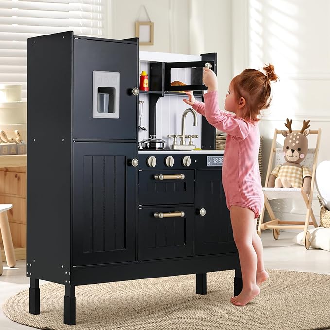 Wooden Play Kitchen for Kids, Toddler Vintage Kitchen Toy Set w/Pretend Phone, Ice Maker, Towel Rack, Height Adjustable Realistic Playset Chef w/Light & Sound (Black)