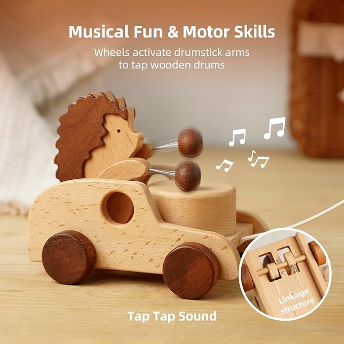 Hedgehog Pull-Along Toy | Musical Wooden Pull Toy with Wooden Grip Ring | Natural Drumming Sound for Toddlers 1.5+ Years