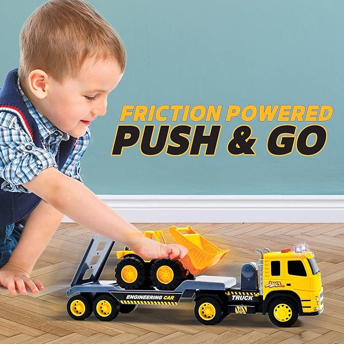 MOBIUS Toys Flatbed & Excavator Truck Set – 2-in-1 Friction-Powered Construction Vehicles with Lights & Sounds – Durable Push-and-Go Toy Trucks for Kids Ages 3–7 – Indoor & Outdoor Playset