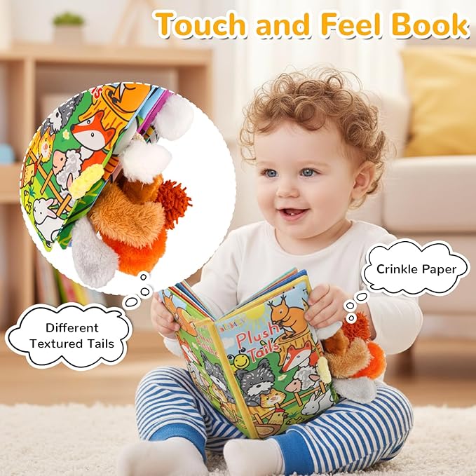 HECCEI Baby Cloth Books Soft Baby Book 0-6 Months Crinkle Books with Tail Touch and Feel Sensory Toys for Infant Tummy Time for 3 Months+, Plush Tails
