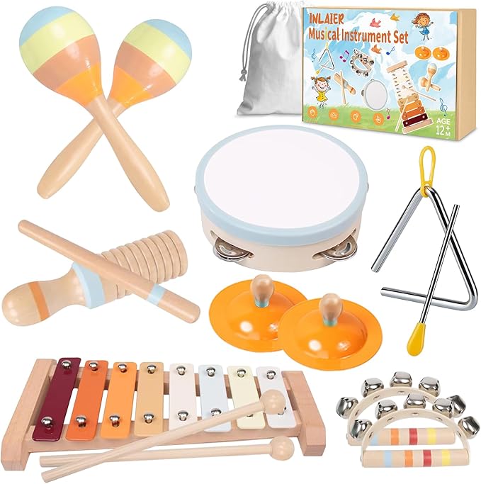 Baby Musical Instruments-Wooden Montessori Musical Toys for Toddlers 1-3, INLAIER Neutral Colors Xylophone Tambourine Musical Instruments for Toddlers 1-3 4 5 Kids Preschool Educational Gifts