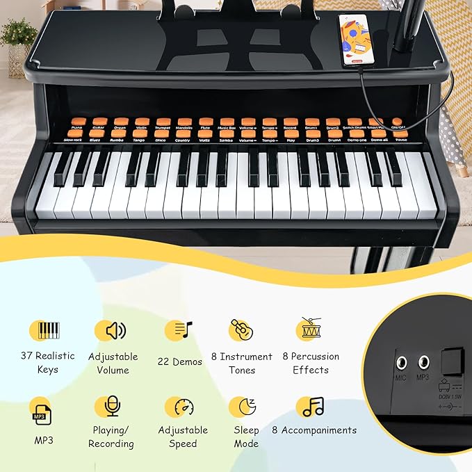 HONEY JOY Kids Piano, 37-Key Black Kids Keyboard Piano w/ Music Stand & Bench, Gift for Babies w/ Microphone, Portable Electronic Educational Musical Instrument, Toddler Piano for Girls Boys
