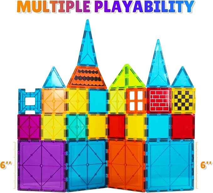 Large Magnetic Tiles Set - 6 Piece Square STEM Learning & Educational Building Kit for Kids - Perfect Construction Toy Gift