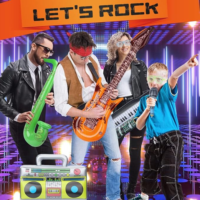 Inflatable Instrument Party Prop Decor Guitar Saxophone Microphone Musical Balloons Photo Booth Props, Rock Star Balloons 70 80 90s Party Supplies Christmas Decorations Birthday Gift