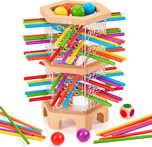 Montessori Wooden Board Game, 42 Colorful Sticks Dice Games for Kids 3 4 5 6 Years, Math Learning Toys Fine Motor Skills & Counting Educational Toy, Family Travel Game Birthday Gifts for Boys Girls