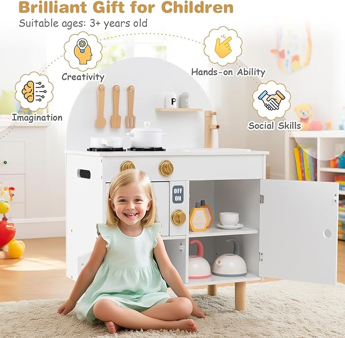 Costzon Kids Kitchen Playset, Little Chef Pretend Play Kitchen w/Stoves, Faucet, Sink, Microwave, Cabinet, Oven & Cooking Accessories, Wooden Play Kitchen for Kids 3+ Years Old (White)