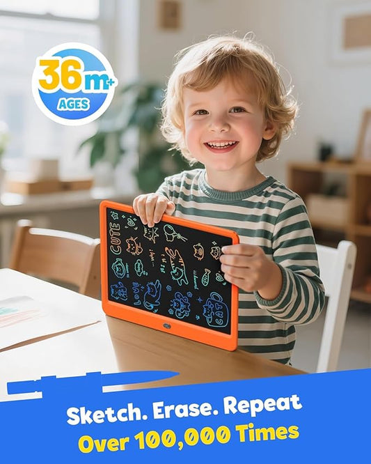 TEKFUN LCD Writing, 12inch Colorful Drawing Tablet Writing Pad, Kids Travel Essentials, Kid Toys for 3 4 5 6 7 8 Year Old Girls Boys (Orange)