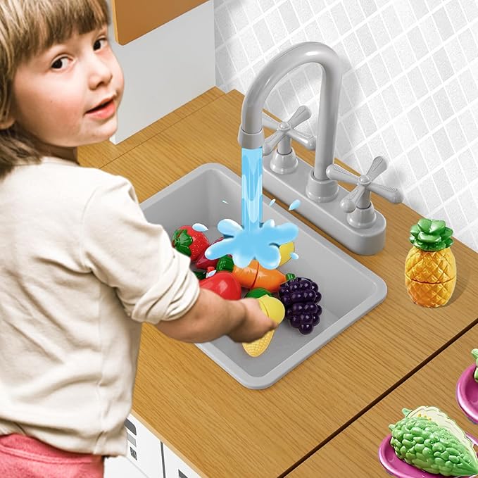 JOYLDIAS Kids Kitchen Playset, Pretend Wooden Toddler Kitchen Playset w/Real Sound and Light, Ice Maker, Oven, Washer, Blackboard, Free Combination & Movable Play Kitchen for Age 3+ Boys and Girls