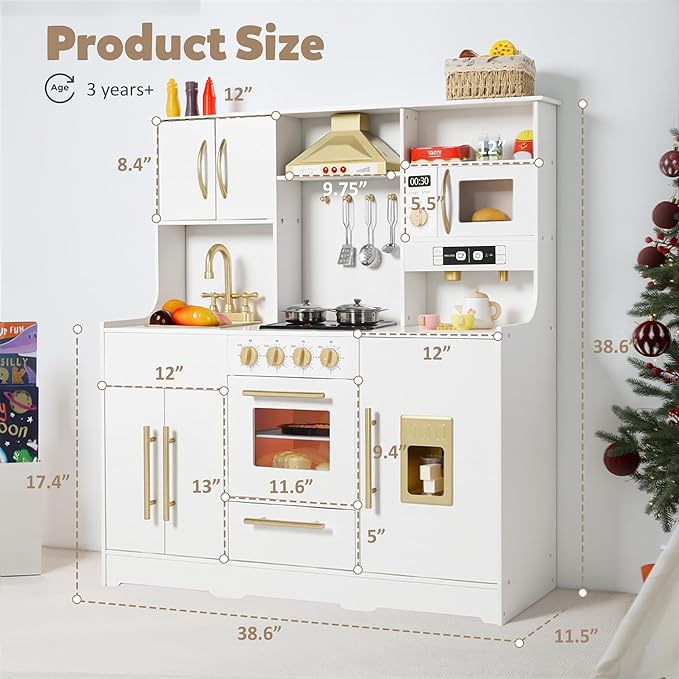 Kids Kitchen Playset, Wooden Play Kitchen with Toy Storage System, Pretend Play Kitchen Set Toy with Range Hood, Ice Maker & Coffee Maker, for Kids Ages 3+, White