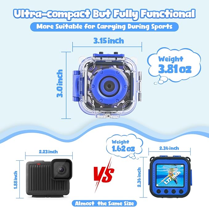 PROGRACE Kids Waterproof Camera - Birthday for 3-12 Year Old Boys 1080P HD Underwater Video Camera for Kids Pool Toys Toddler Digital Cameras with 32GB SD Card Blue