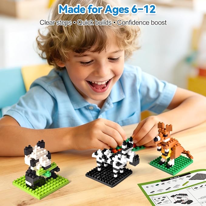 FUN LITTLE TOYS Mini Animal Building Blocks – 12 Pack, No Duplicates, Individually Boxed Zoo Sets for Kids 6-12, Party Favors, Classroom Prizes, Goodie Bag Stuffers & Easter Egg Fillers