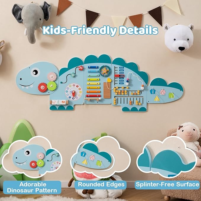 GLACER Dinosaur Wall Busy Board Panels, 11-in-1 Wooden Learning Activity Center for Early Education, Wall-Mounted Montessori Sensory Toddler Toys for Playroom, Daycare, Nursery (Blue)