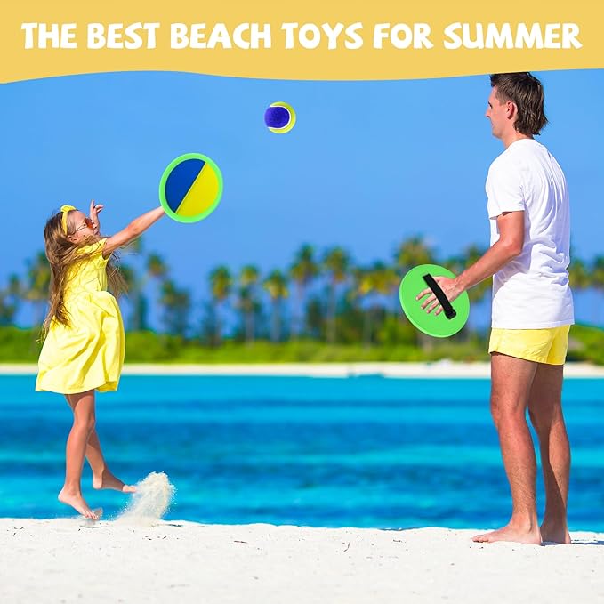 Outdoor Games - Beach Toys, Toss and Ball Set with 4 Paddles and 3 Balls, Perfect Yard Games Sets, Playground Sets for Backyards Easter Birthday for Kids/Adults/Family