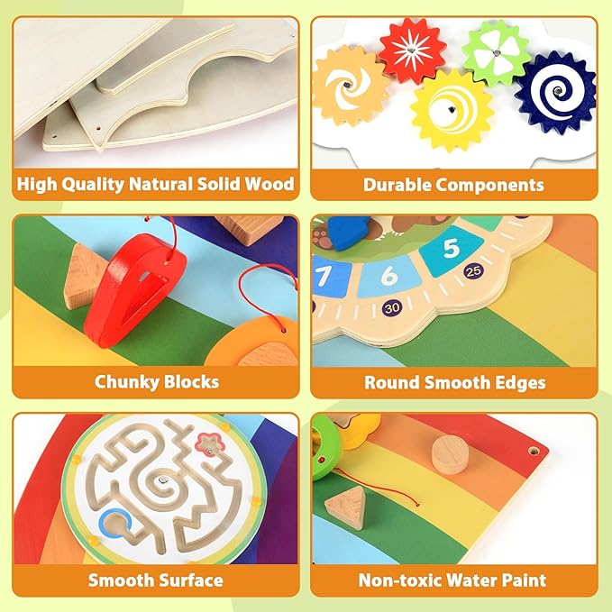 5FT Large Sunshine Rainbow Wooden Activity Wall Panel Christmas Gift Educational Montessori Toy for Toddler Kids Interactive Sensory Activity Busy Board Daycare Learning Center Toddler Room Decor