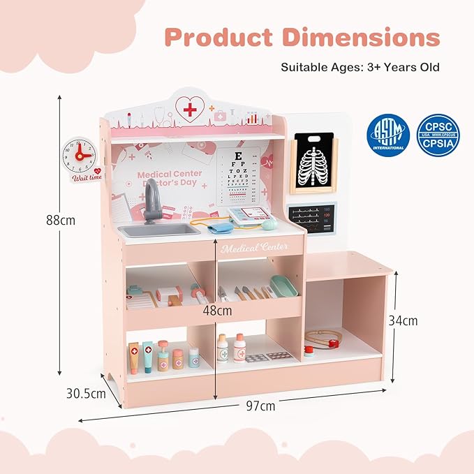 KOTEK Kids Doctor Play Set with 24 PCS Accessories, Wooden Medical Station with Eye Chart, ECG Monitor, X-Ray Film, Pretend Play Hospital Center for Toddlers, Toy Doctor Kit for Girls Boys (Pink)