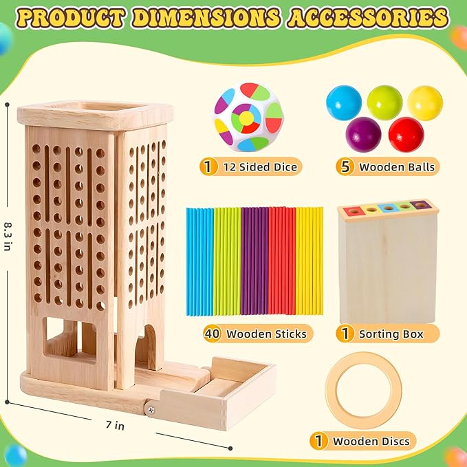 Montessori Wooden Board Games for Kids 3-8 Years: 40 Colorful Wooden Sticks 12-Sided Dice Game Math Educational Toys, Fine Motor Skills Toys for 5 Year Old, Family Games for Kids and Adults