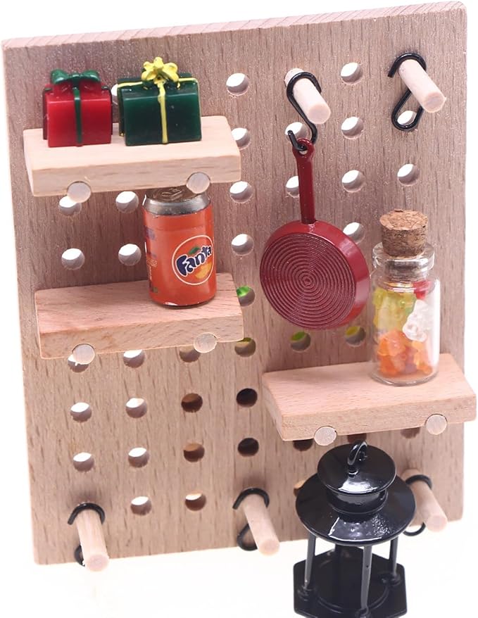 LOGOFUN 2pcs Solid Wood Miniature Wall Pegboard for Bjd Dollhouse Scene Storage Props and Decorations Accessories