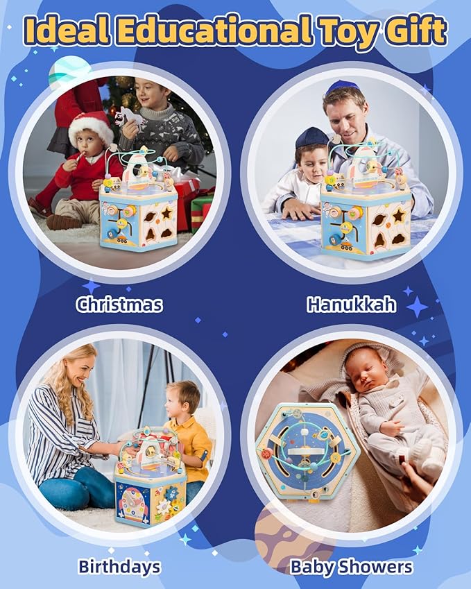 Large Wooden Space Activity Cube Toys, 9-in-1 Early Educational Montessori Learning Toys for 2 3 4 Toddlers with Abacus Bead Maze for 24+ Months Boys Girls First Birthday