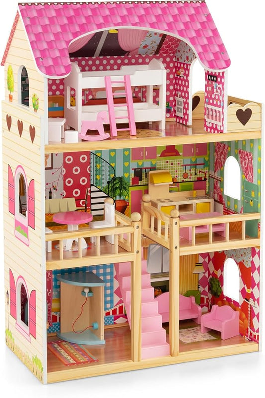HONEY JOY Pink Doll House, Wooden Kids Dollhouse with Balcony & Stairs, 15 Pieces Accessories & Furniture Included, Large 3-Story Easy to Assemble Doll House Toy, Gift for Toddler Boys Girls, Pink