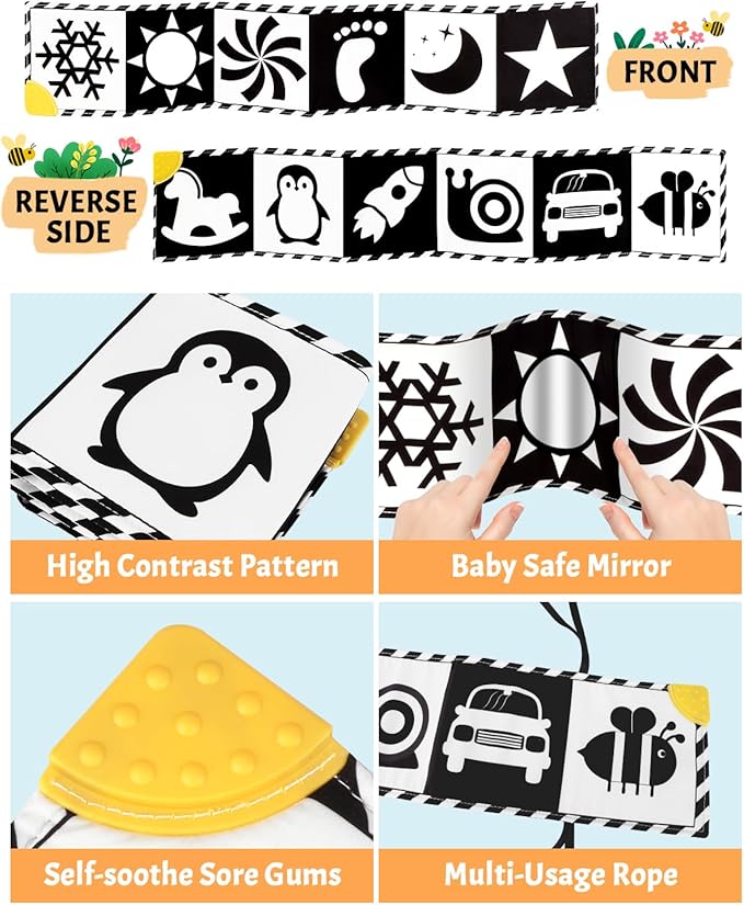 High Contrast Baby Toys, Black and White Newborn Toys for Brain Development, Soft Baby Books, Infant Sensory 0-6-12 Months, Tummy Time Toy, Visual Stimulation Montessori Gift
