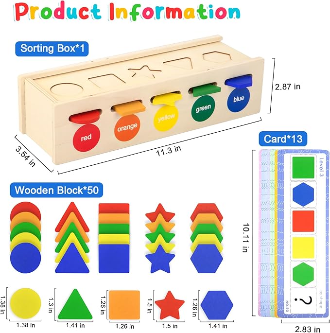 Shape Sorter Wooden Color & Shape Sorting Toys for Toddlers 1-3, Matching Box Shape Sorters Montessori Toys Learning Educational Toys for 1 2 3 4 Year Old Boy Girl Classroom Birthday Easter Gifts