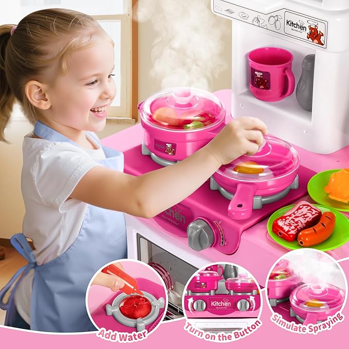 53 PCS Play Kitchen Pretend Food Set for Kids Ages 3-6 4-8, Pink Kitchen Toys with Light, Sound and Spraying, Sink Toy Accessories, Indoor Outdoor Playset for Toddlers 3-5 Boys Girls 6-12