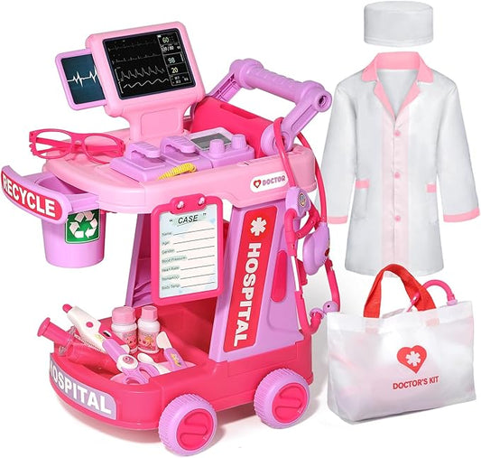 Doctor Kit for Toddlers Aged 3 4 5, Medical Pretend Play Set for Kids with Bag and Costume, Doctor Cart Toy for Girls Boys Christmas Birthday Gift (Pink)