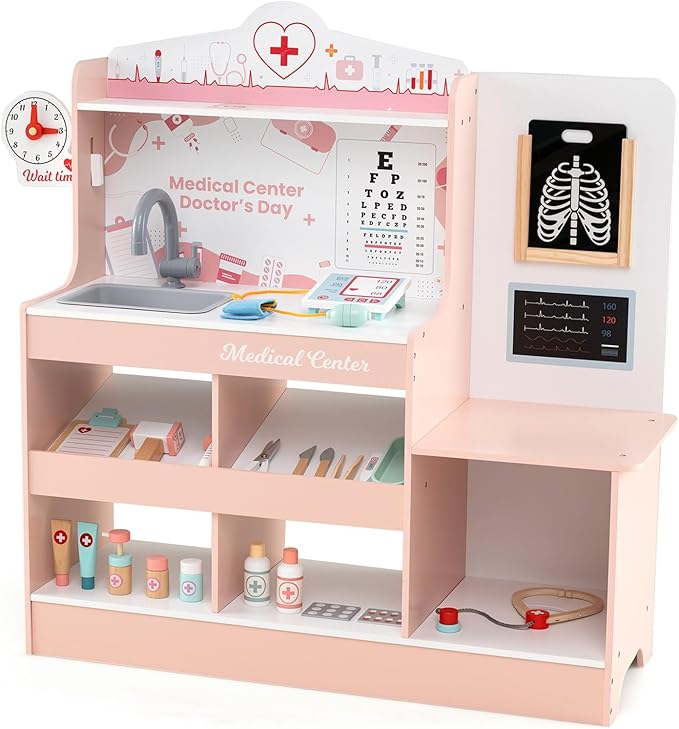 KOTEK Kids Doctor Play Set with 24 PCS Accessories, Wooden Medical Station with Eye Chart, ECG Monitor, X-Ray Film, Pretend Play Hospital Center for Toddlers, Toy Doctor Kit for Girls Boys (Pink)
