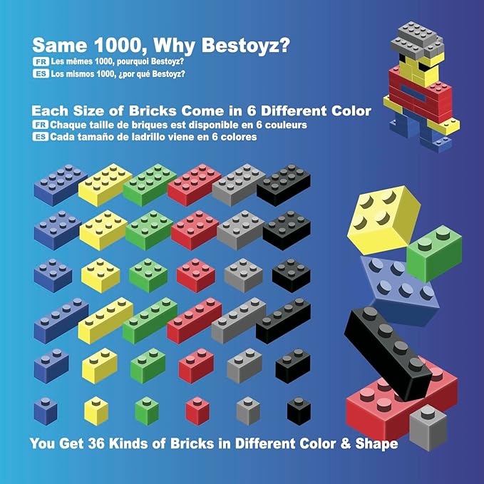 1000 Pieces Building Blocks, Bulk Classic Building Bricks Toy, Big Box of Basic Bricks, Compatible with Major Brands, Educational Construction Toys & Gifts for Kids 4+