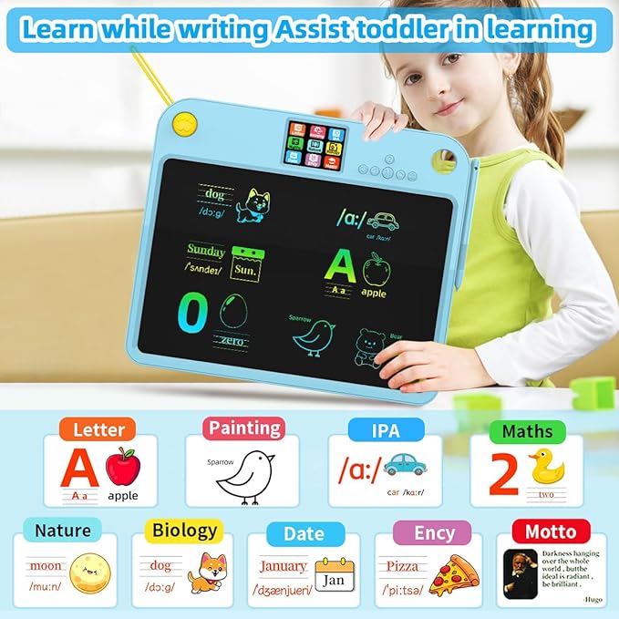 16 Inch LCD Learning Tablet Autism Toys for Kids 5-7 Dual-Screen Pad with 9 Learning Themes,Type-C Rechargeable Erasable Board Extra Stylus Lock Switch for Travel Home School