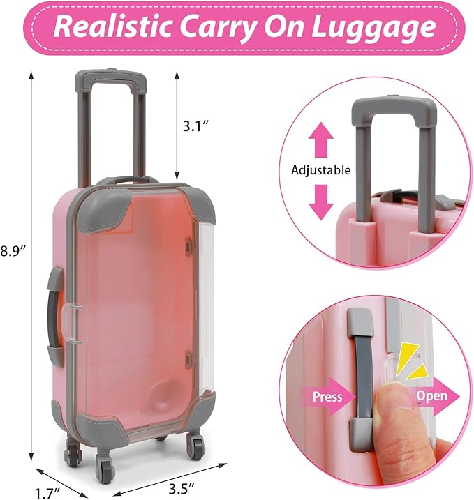 Acelane American Doll Travel Suitcase Play Set - 18 Inch Doll Travel Carrier with Luggage, Clothes, Sunglasses, Camera, Laptop, Pillow - Pretend Play Toys Gift for Girl's Birthday, Christmas, Party