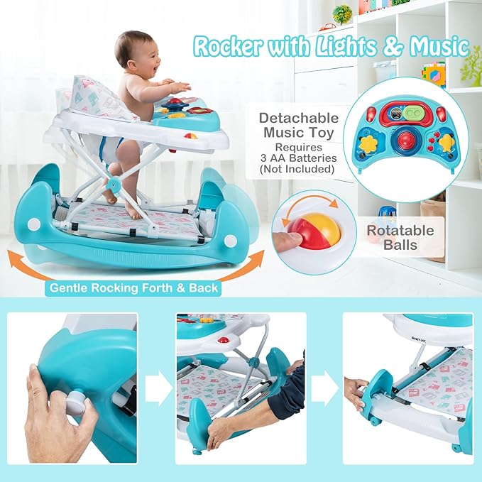 HONEY JOY Baby Walker, 6-in-1 Foldable Baby Walker and Bouncer Combo, Infant Activity Walker with Wheels, Adjustable Heights, Rocker, Music, Lights, Walker for Baby Boy Girl 7-14 Months (Green)