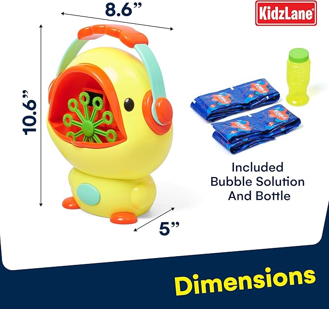 Kidzlane Duck Automatic Bubble Machine for Kids - Plastic Bubble Maker with Supportive Base - Ideal for Baths, Parties, Backyard Play - Portable Blaster, Bubble Blower - 10"x 8.6"x5" Yellow
