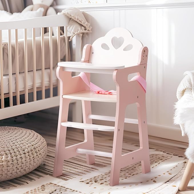 ROBOTIME High Chair for Pretend Play, Wooden Baby Doll Furniture with Safety Belt and Footrest, Fits 18 Inch Dolls, Gift for Ages 3+, White/Pink