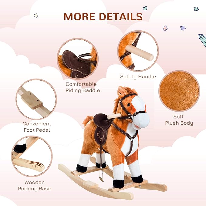 Qaba Kids Plush Toy Rocking Horse Ride on with Realistic Sounds - Brown