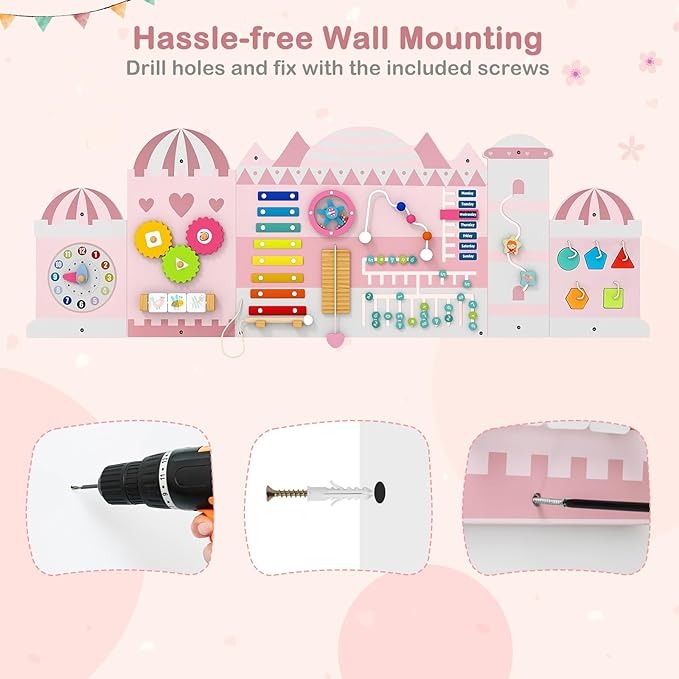 HONEY JOY Castle Activity Wall Busy Board Panels, 11-in-1 Wooden Sensory Wall Panel for Kids, Toddler Learning Activity Center, Ideal for Playroom Daycare Nursery Classroom Dentist Office (Pink)