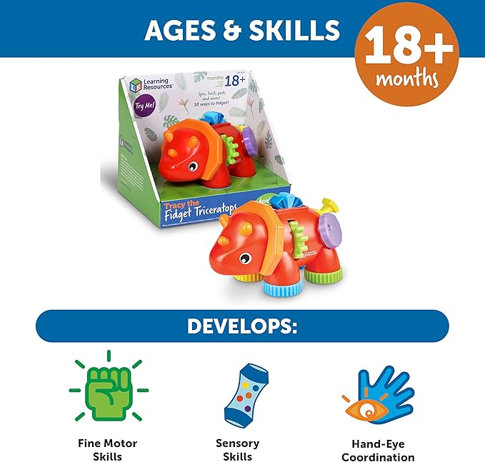 Learning Resources Tracy the Fidget Triceratops, Baby Toys, Sensory Toys For Toddlers, Fine Motor toys, Montessori Toys,1 Piece, Ages 18 Months+